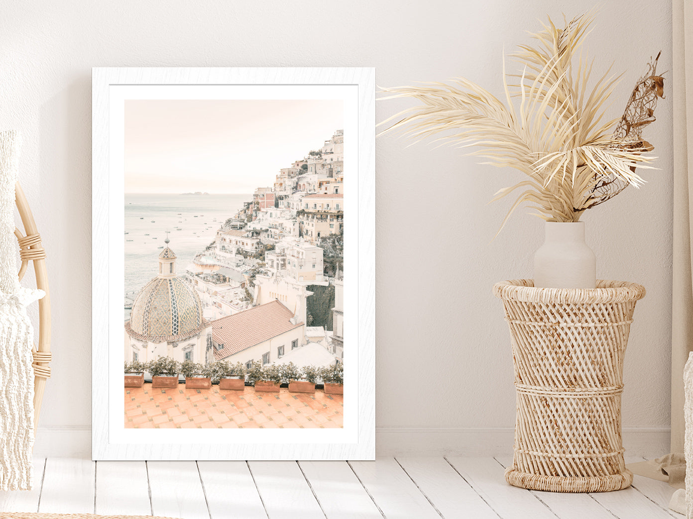 Sea & Houses Skyline Faded Photograph Glass Framed Wall Art, Ready to Hang Quality Print With White Border White