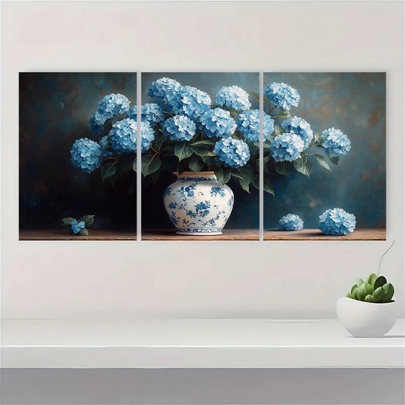 3pcs Victorian Bohemian Blue White Porcelain Vase Hydrangea Flower Wall Art Set Canvas Framed 40x60cm - High Quality Print 100% Australian Made Wall Canvas Ready to Hang - Bella Home Decor