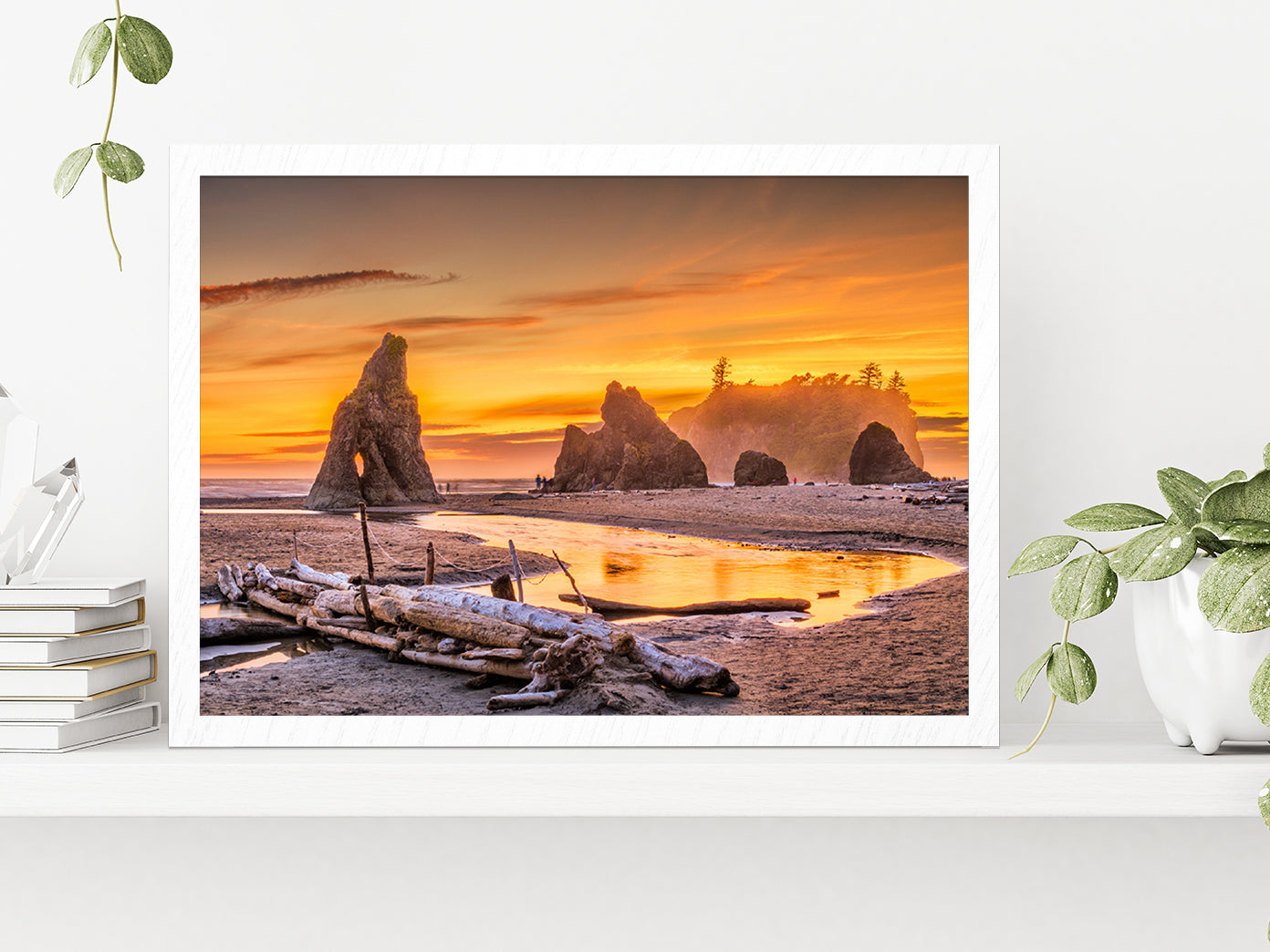 Ruby Beach At Dusk In USA Glass Framed Wall Art, Ready to Hang Quality Print Without White Border White