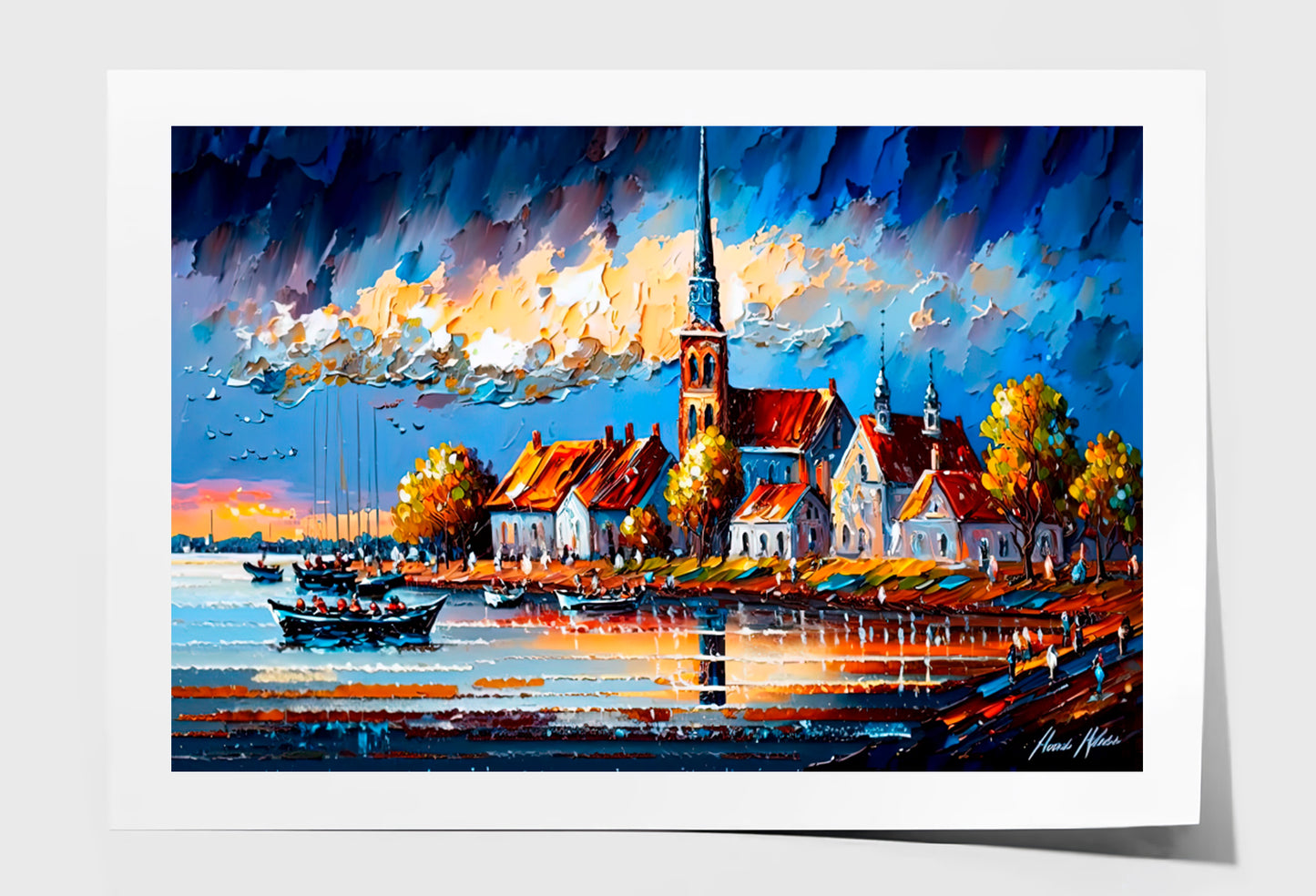 Europe Coastal Line Village Oil Painting Wall Art Limited Edition High Quality Print Unframed Roll Canvas None