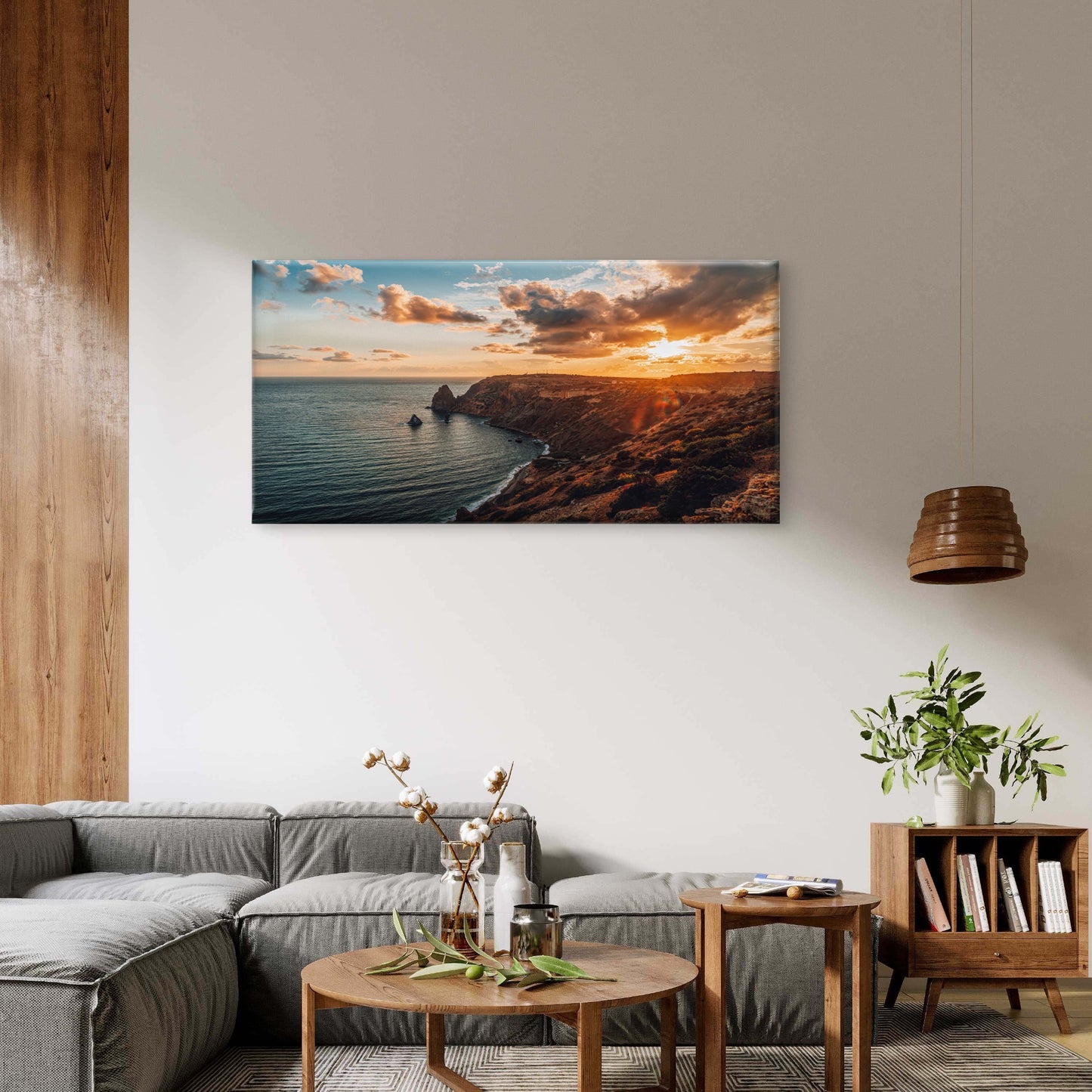 Autumn Sea with Warm Sunset Light Rocky Coastline Wall Art Canvas Office Home Room Framed 120x60cm