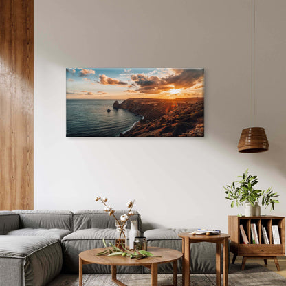 Autumn Sea with Warm Sunset Light Rocky Coastline Wall Art Canvas Office Home Room Framed 120x60cm