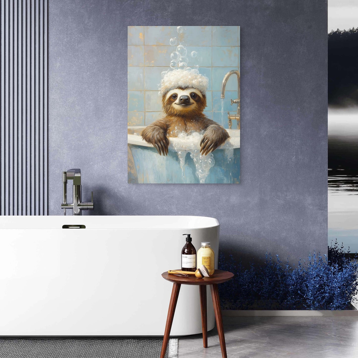 Funny Sloth Bathtub Bubbles 40x60cm Metal Print Ready to Hang