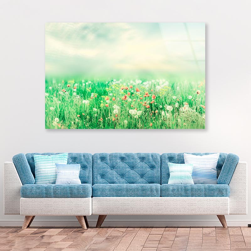 Beautiful Vintage Summer Landscape with Sun & Flowers  Acrylic Glass Print Tempered Glass Wall Art 100% Made in Australia Ready to Hang