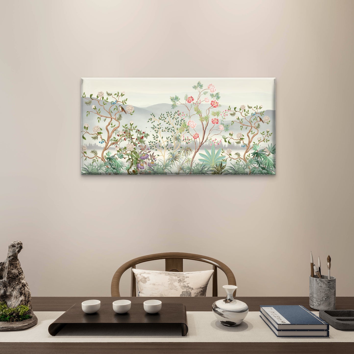 Chinoiserie Floral & Bird Tree Wall Art Canvas Office Home Room Framed 120x60cm - Bella Home Decor