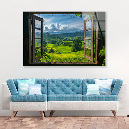 View of a Green Field through a Window Acrylic Glass Print Tempered Glass Wall Art 100% Made in Australia Ready to Hang - Bella Home Decor
