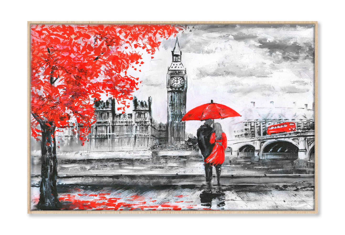 River & Bus On Bridge, Man & Woman Under A Red Umbrella, Street View Of London Oil Painting Wall Art Limited Edition High Quality Print Canvas Box Framed Natural