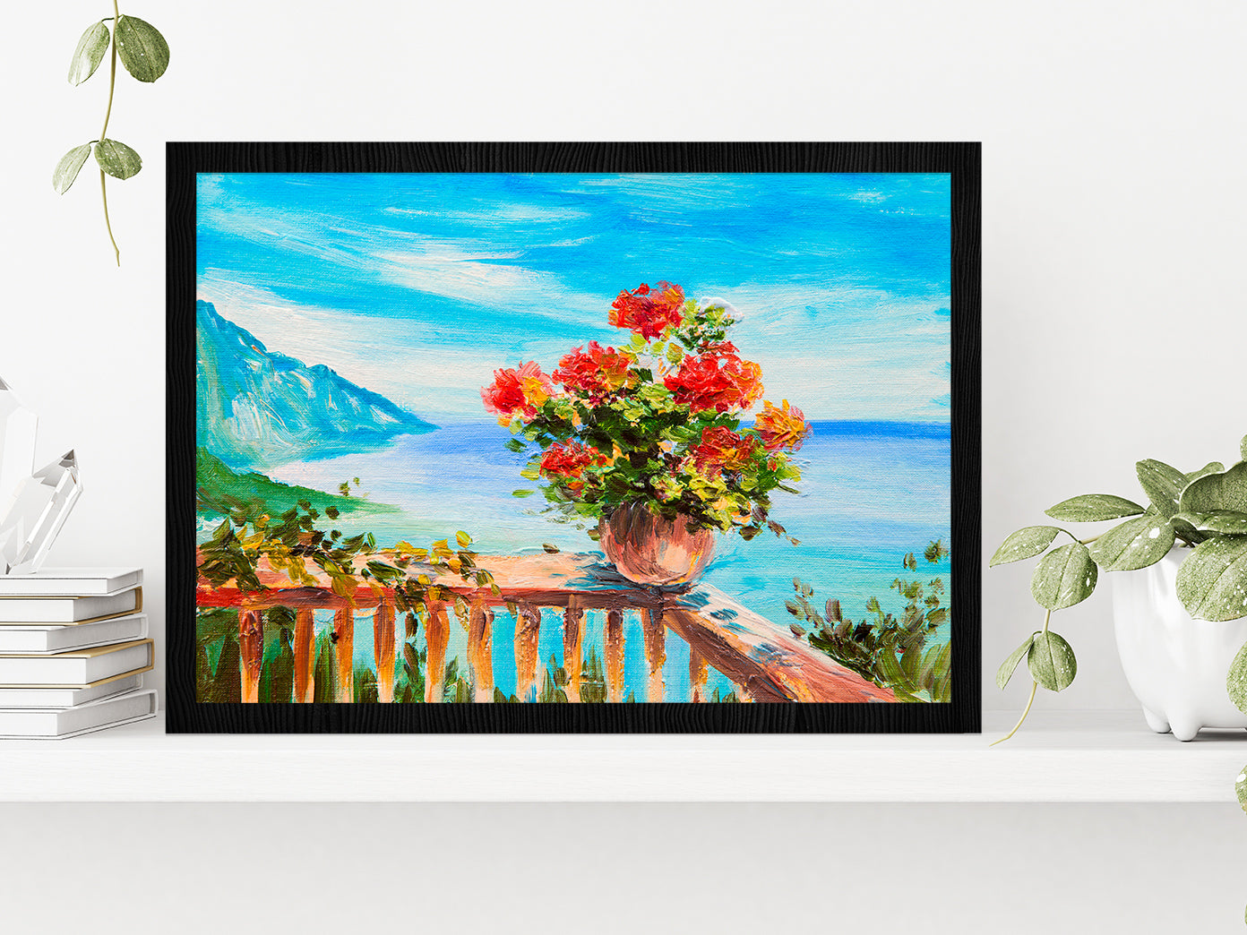 Bouquet Of Flowers & Sea, Coast Near The Mountains Glass Framed Wall Art, Ready to Hang Quality Print Without White Border Black