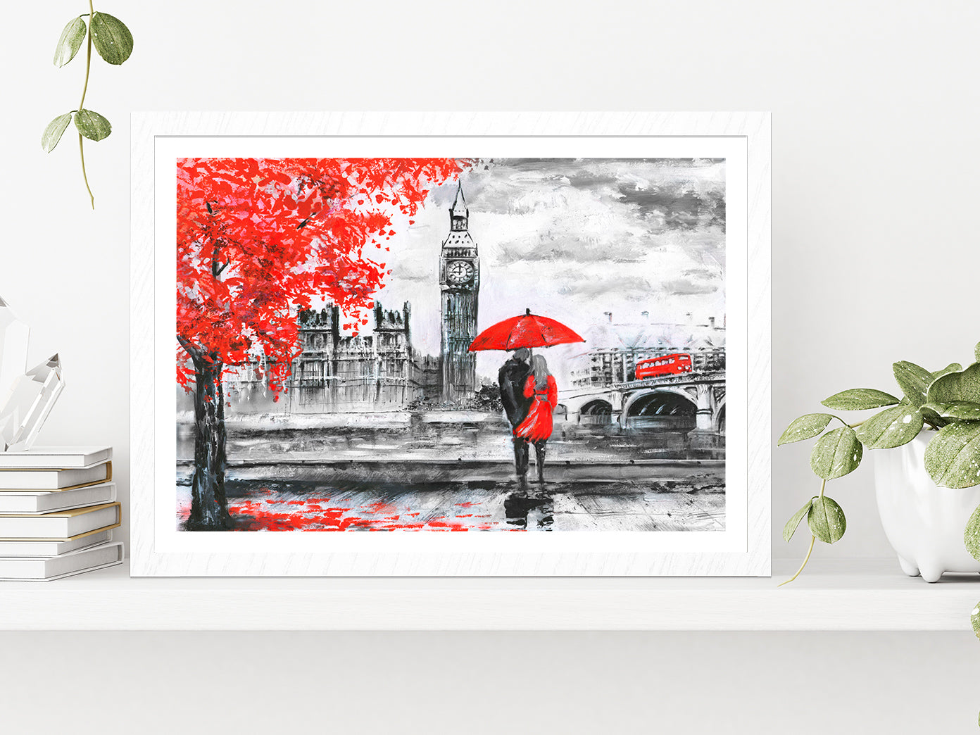 River & Bus On Bridge, Man & Woman Under A Red Umbrella, Street View Of London Glass Framed Wall Art, Ready to Hang Quality Print With White Border White