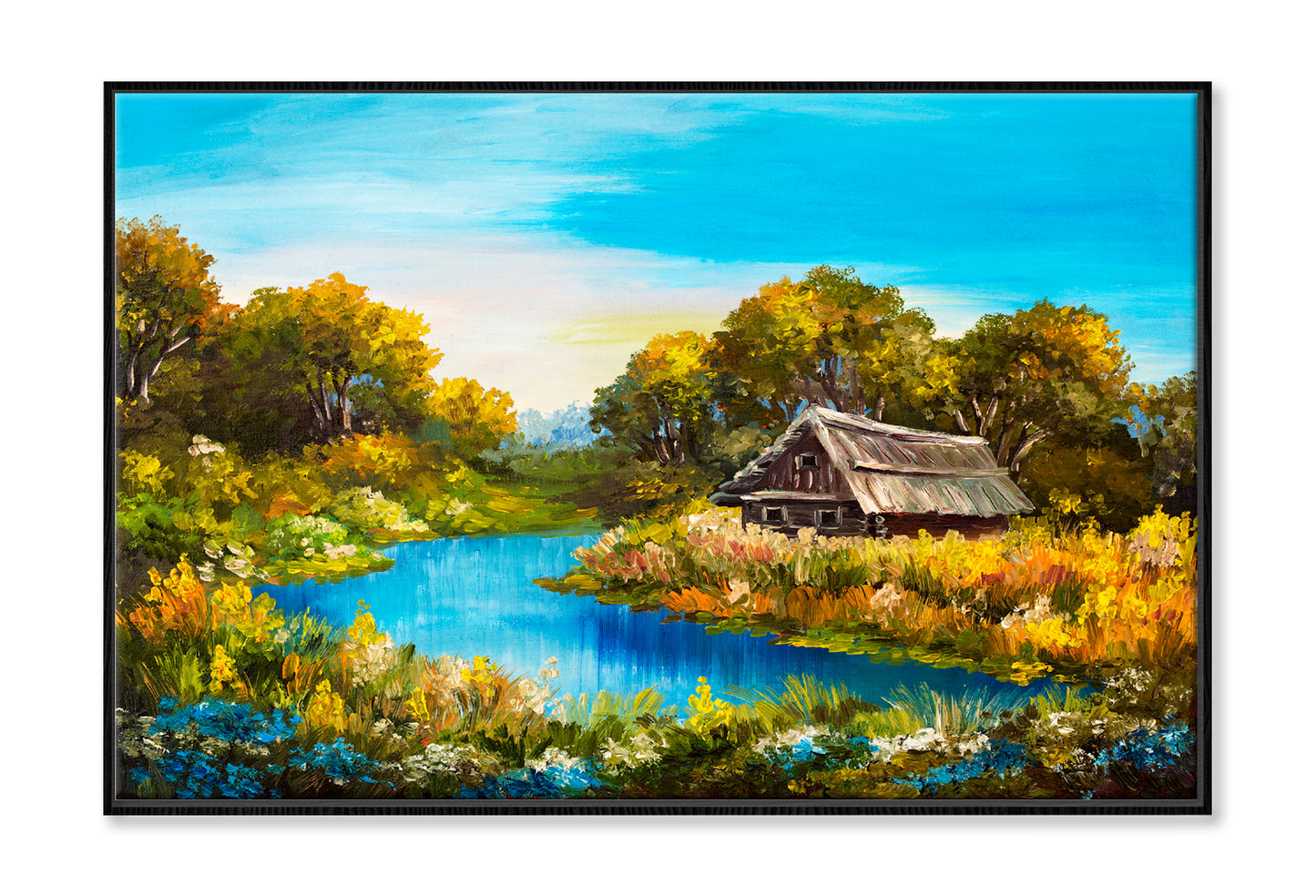 Farmhouse Near The River Oil Painting Wall Art Limited Edition High Quality Print Canvas Box Framed Black