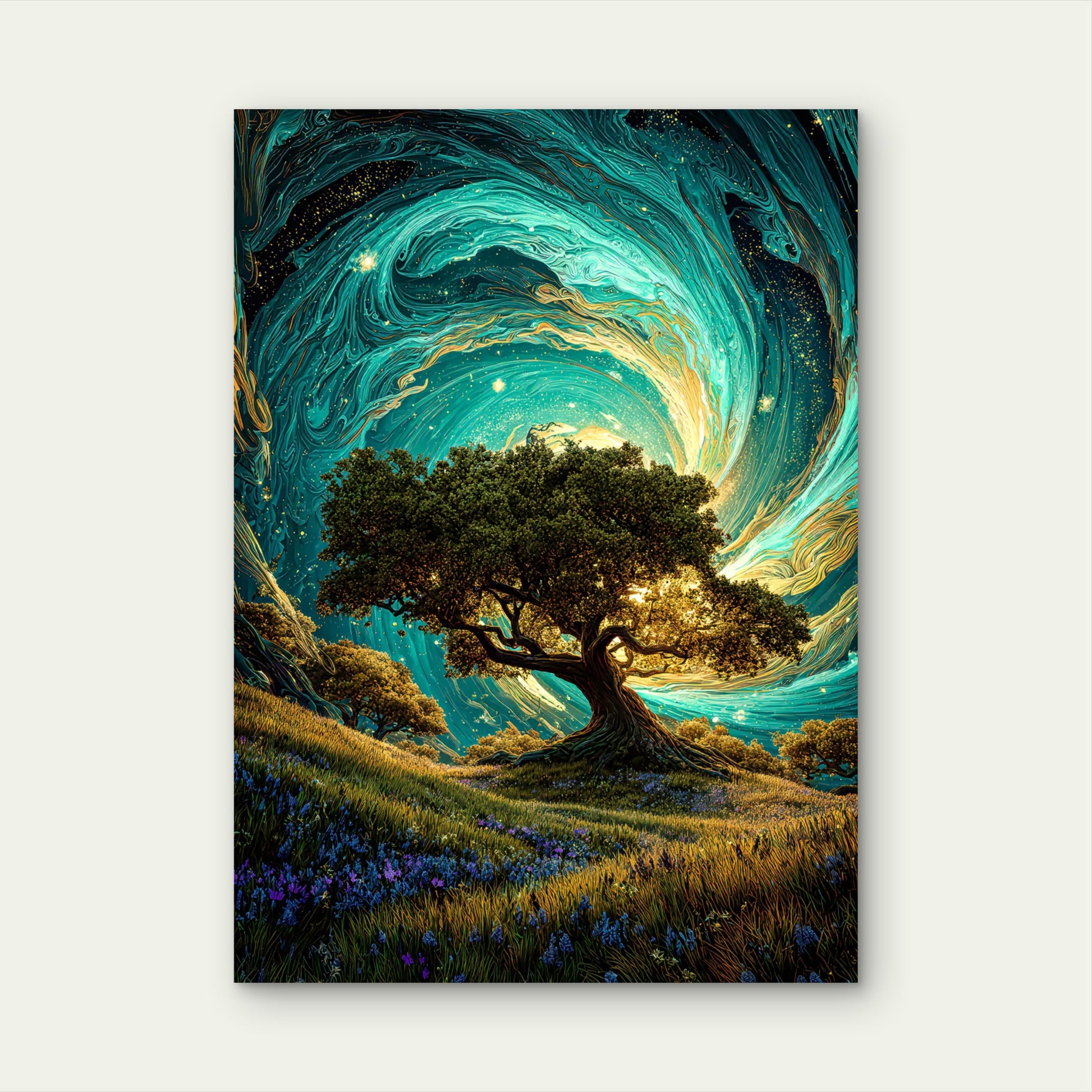 Cosmic Gold Teal Oak Tree 60x90cm Metal Print Ready to Hang - Bella Home Decor