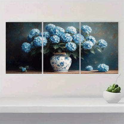3pcs Victorian Bohemian Blue White Porcelain Vase Hydrangea Flower Wall Art Set Canvas Framed 60x90cm - High Quality Print 100% Australian Made Wall Canvas Ready to Hang - Bella Home Decor