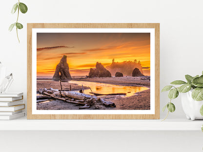 Ruby Beach At Dusk In USA Glass Framed Wall Art, Ready to Hang Quality Print With White Border Oak