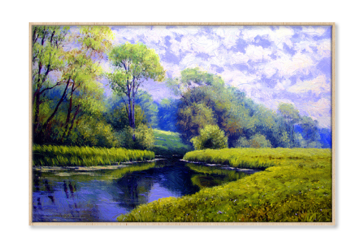 Green Grass Field & Trees near River Oil Painting Wall Art Limited Edition High Quality Print Canvas Box Framed Natural