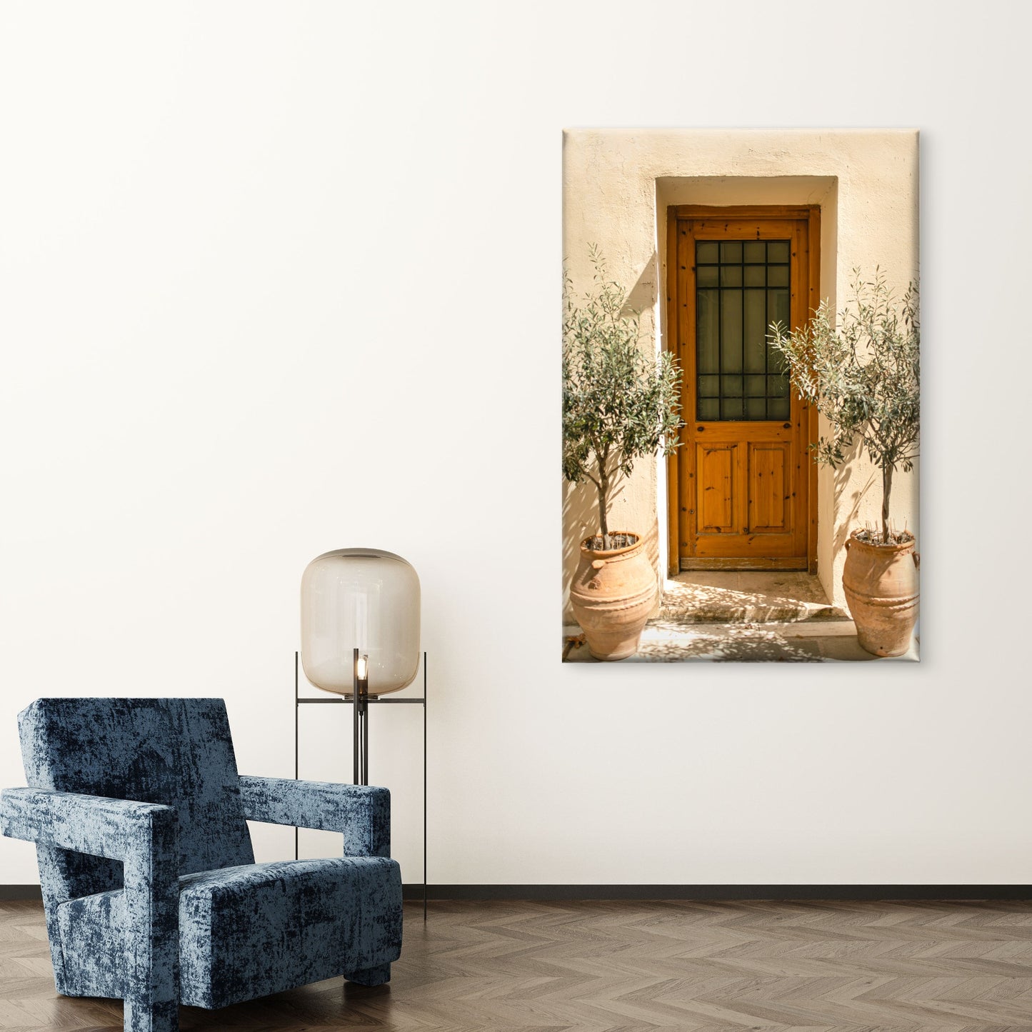 Mediterranean Entrance Featuring Door Potted Olive Trees Wall Art Decor 100% Australian Made