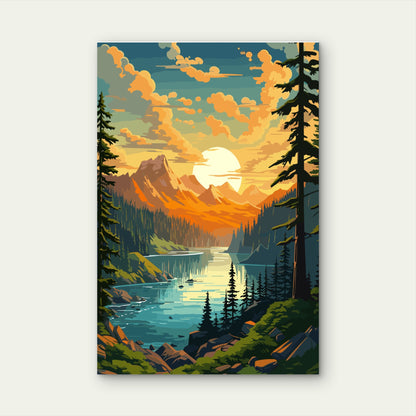 Retro Sunset Mountain Lake Illustration 40x60cm Metal Print Ready to Hang