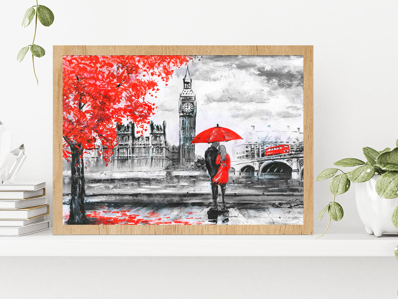 River & Bus On Bridge, Man & Woman Under A Red Umbrella, Street View Of London Glass Framed Wall Art, Ready to Hang Quality Print Without White Border Oak