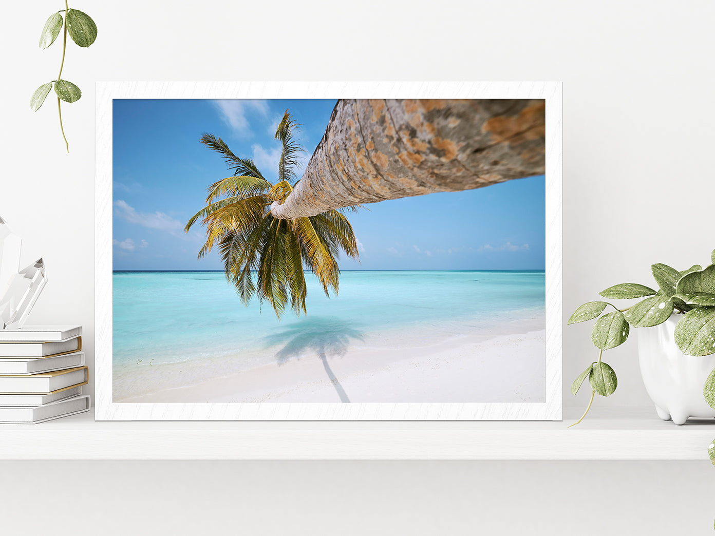 Palm Tree On White Sand Beach Glass Framed Wall Art, Ready to Hang Quality Print Without White Border White