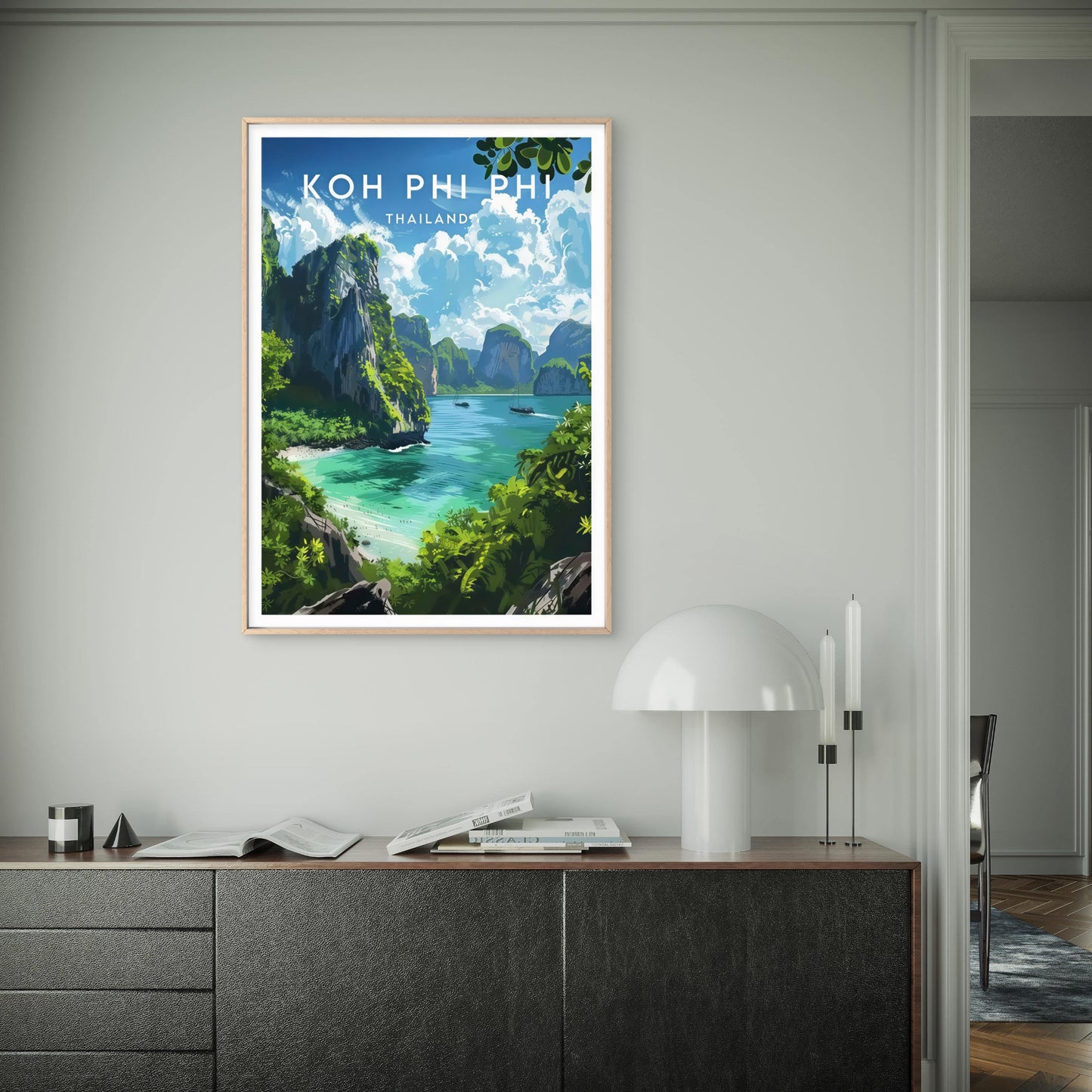 Koh Phi Phi Islands Thailand Tropical Beach Lush Green Cliffs Travel Poster Print Wall Art