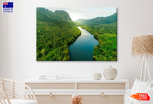 Aerial View Of River in Tropical Green Forest with Mountains in Background Wall Art Decor 100% Australian Made