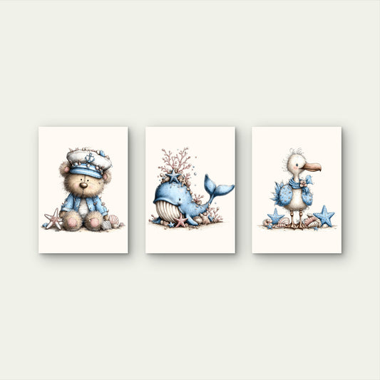 3pcs Nautical Bear Whale Seagull Wall Art Set Canvas Framed 40x60cm - High Quality Print 100% Australian Made Wall Canvas Ready to Hang
