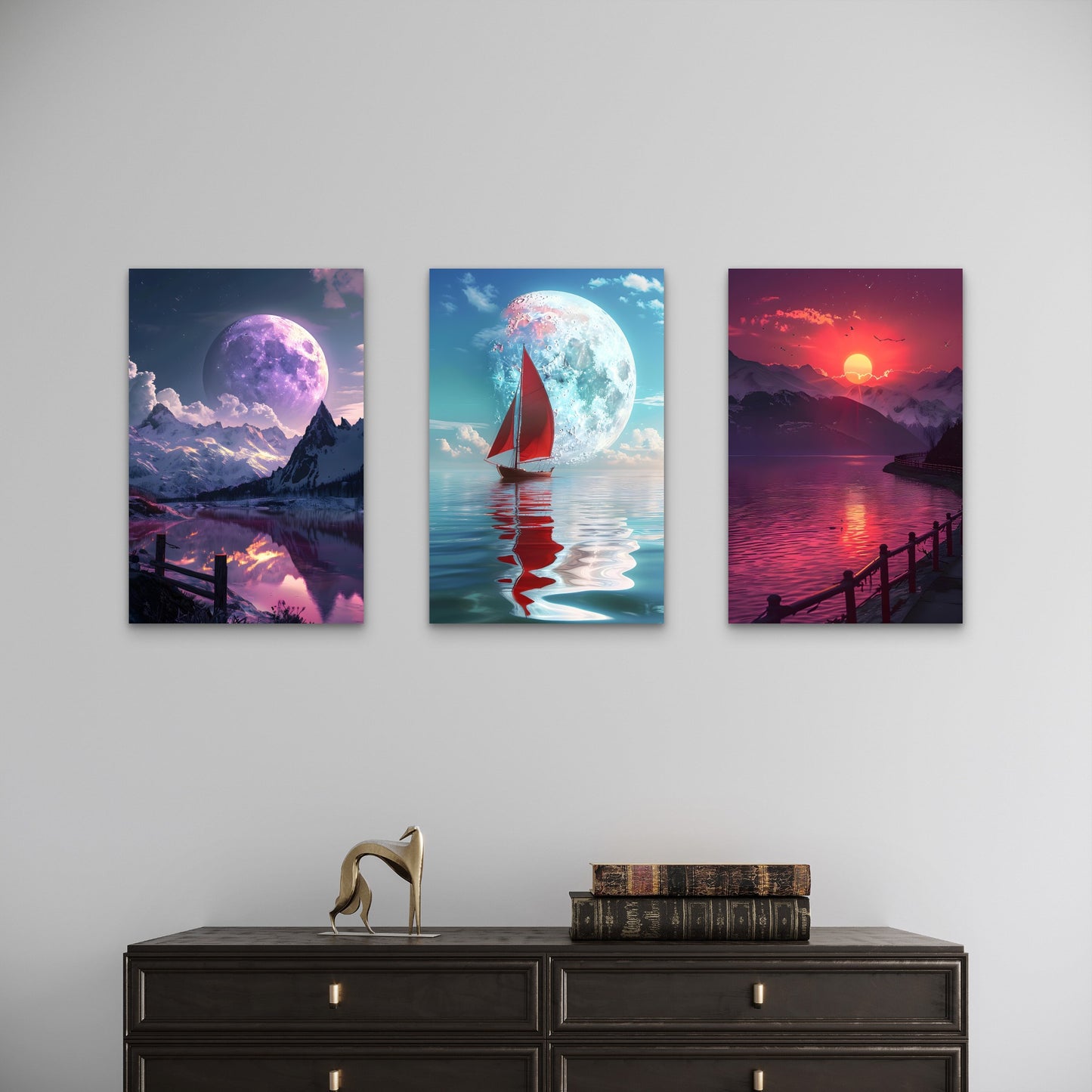 3pcs Surreal Full Moon Mountain Ocean Sailboat Wall Art Set Canvas Framed 40x60cm - High Quality Print 100% Australian Made Wall Canvas Ready to Hang