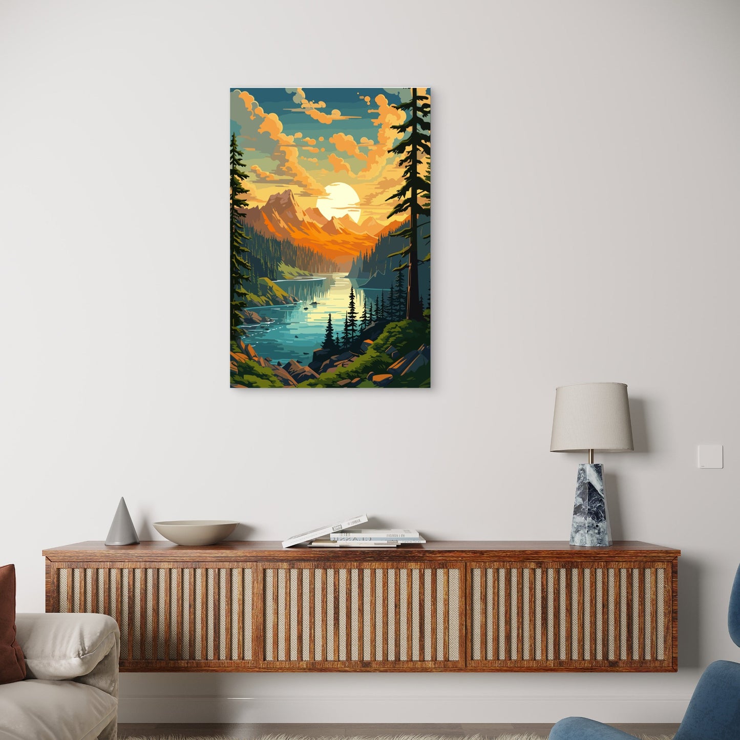 Retro Sunset Mountain Lake Illustration 60x90cm Metal Print Ready to Hang