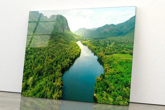 Aerial View Of River in Tropical Green Forest with Mountains in Background Acrylic Glass Print Tempered Glass Wall Art 100% Made in Australia Ready to Hang