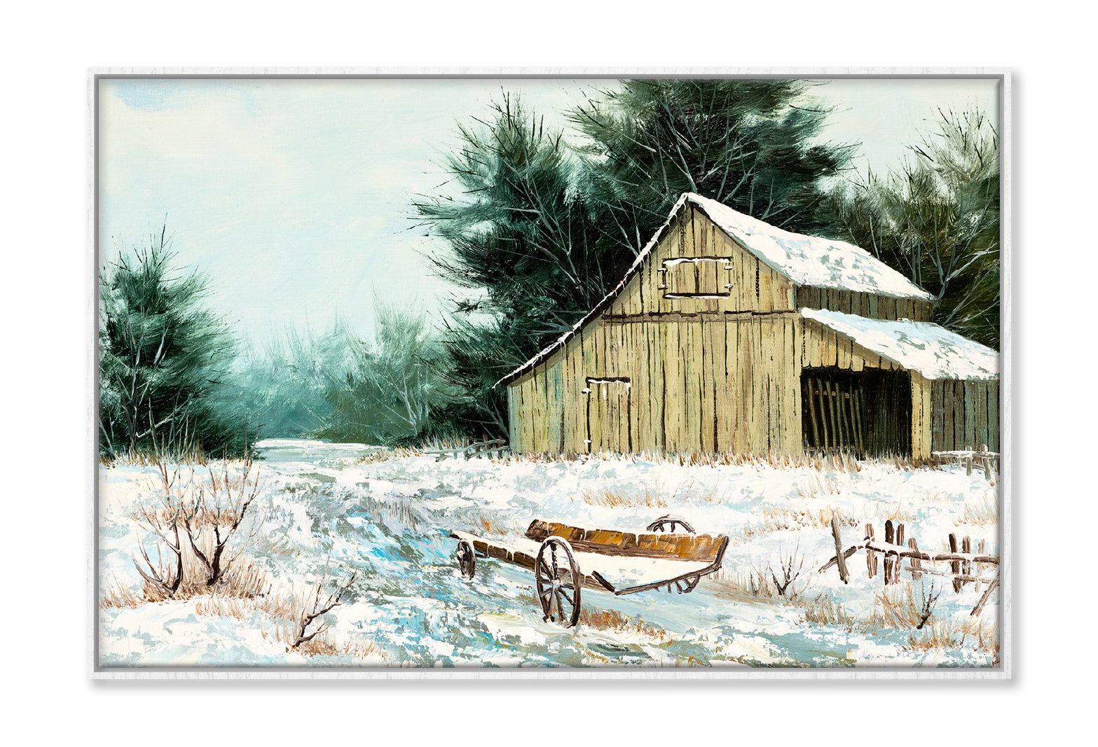 Old Barn House & Wooden Wagon in Winter Painting Wall Art Limited Edition High Quality Print Canvas Box Framed White