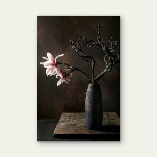 Pink Magnolia Blossoms Ikebana Dark Ceramic Vase 60x90cm Metal Print Ready to Hang