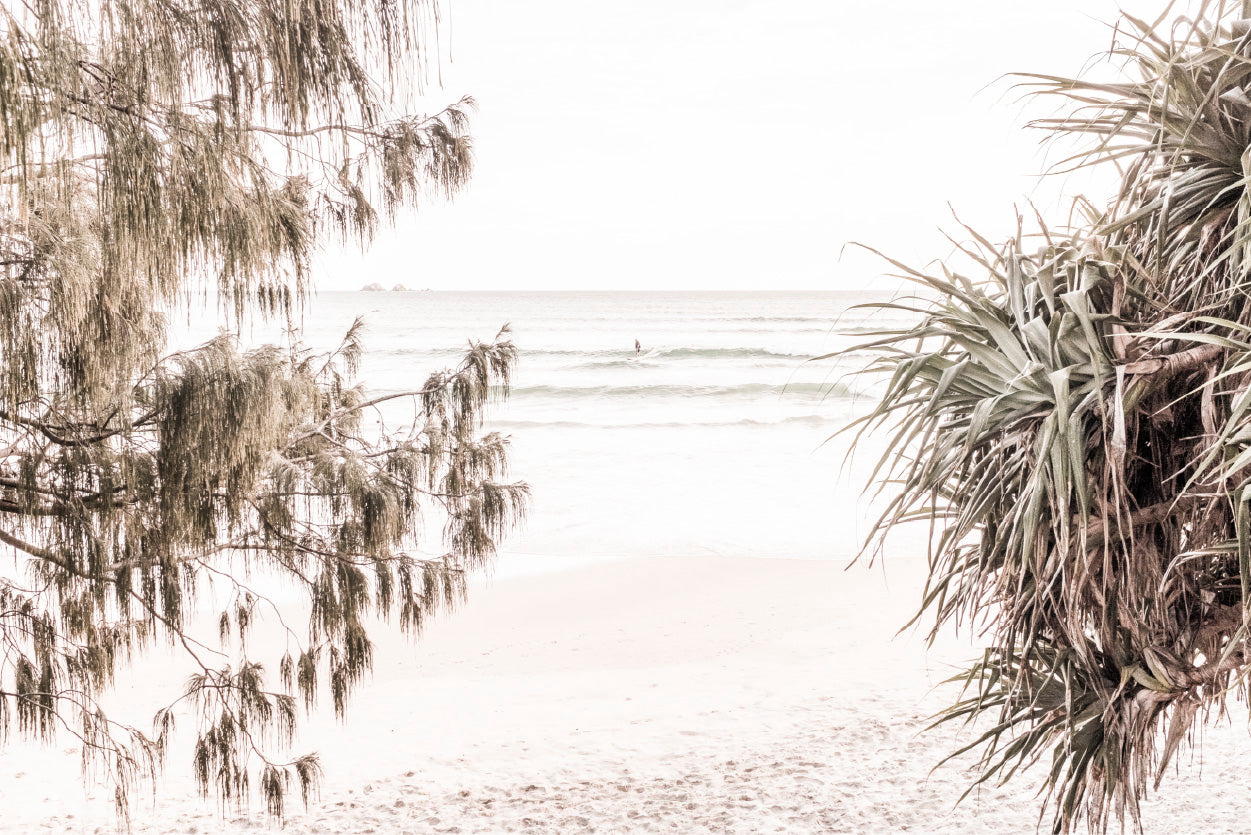 Trees near Sandy Seashore Faded Photograph Glass Framed Wall Art, Ready to Hang Quality Print