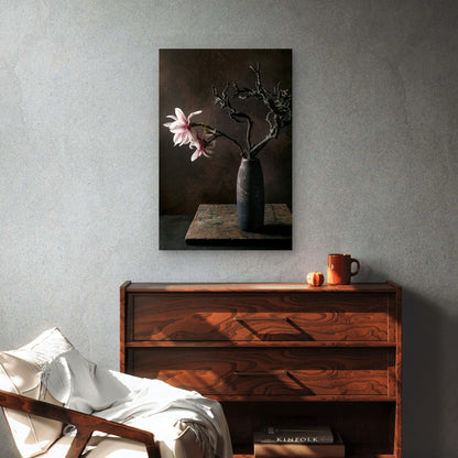 Pink Magnolia Blossoms Ikebana Dark Ceramic Vase 60x90cm Metal Print Ready to Hang - Bella Home Decor
