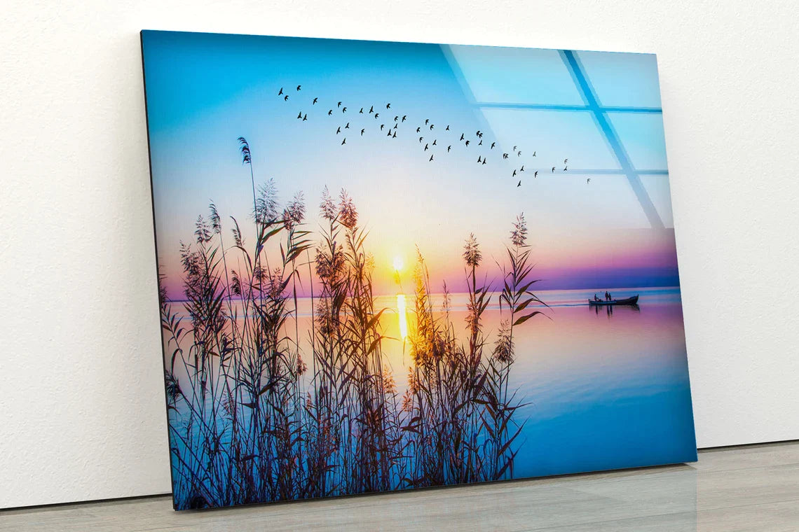 Boat on Lake Sunset UV Direct Aluminum Print Australian Made Quality