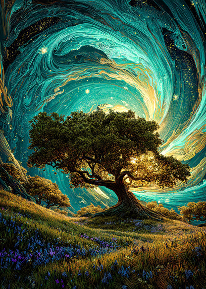 Cosmic Gold Teal Oak Tree 60x90cm Metal Print Ready to Hang - Bella Home Decor