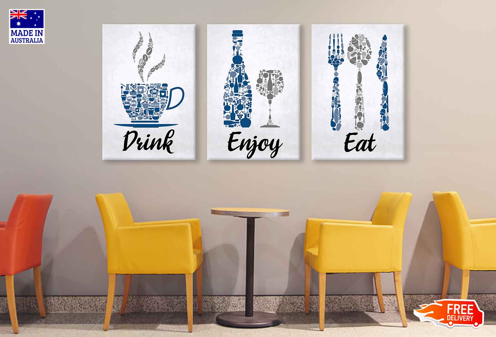 3 Set of Drink Eat Enjoy Vector Art High Quality Print 100% Australian Made Wall Canvas Ready to Hang