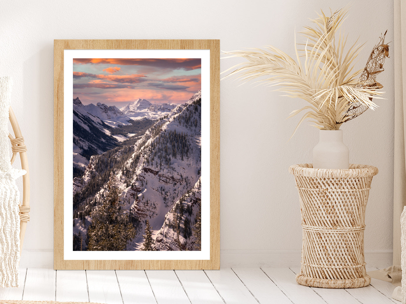 Maroon Bells & Vibrant Sunset Glass Framed Wall Art, Ready to Hang Quality Print With White Border Oak