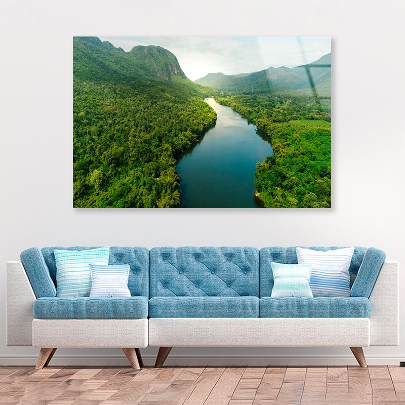 Aerial View Of River in Tropical Green Forest with Mountains in Background Acrylic Glass Print Tempered Glass Wall Art 100% Made in Australia Ready to Hang