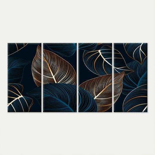 4pcs Abstract Elegant Dark Blue Gold Leaves Wall Art Canvas Framed 45x80cm - High Quality Print 100% Australian Made Wall Canvas Ready to Hang