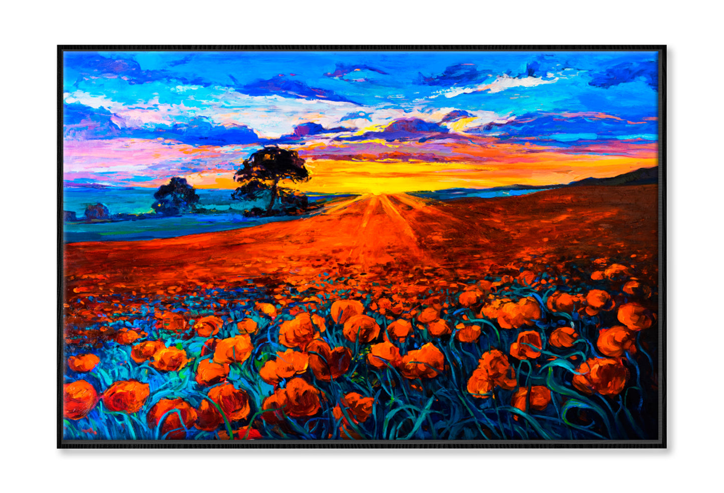 Poppy Field, Sunset Oil Painting Wall Art Limited Edition High Quality Print Canvas Box Framed Black