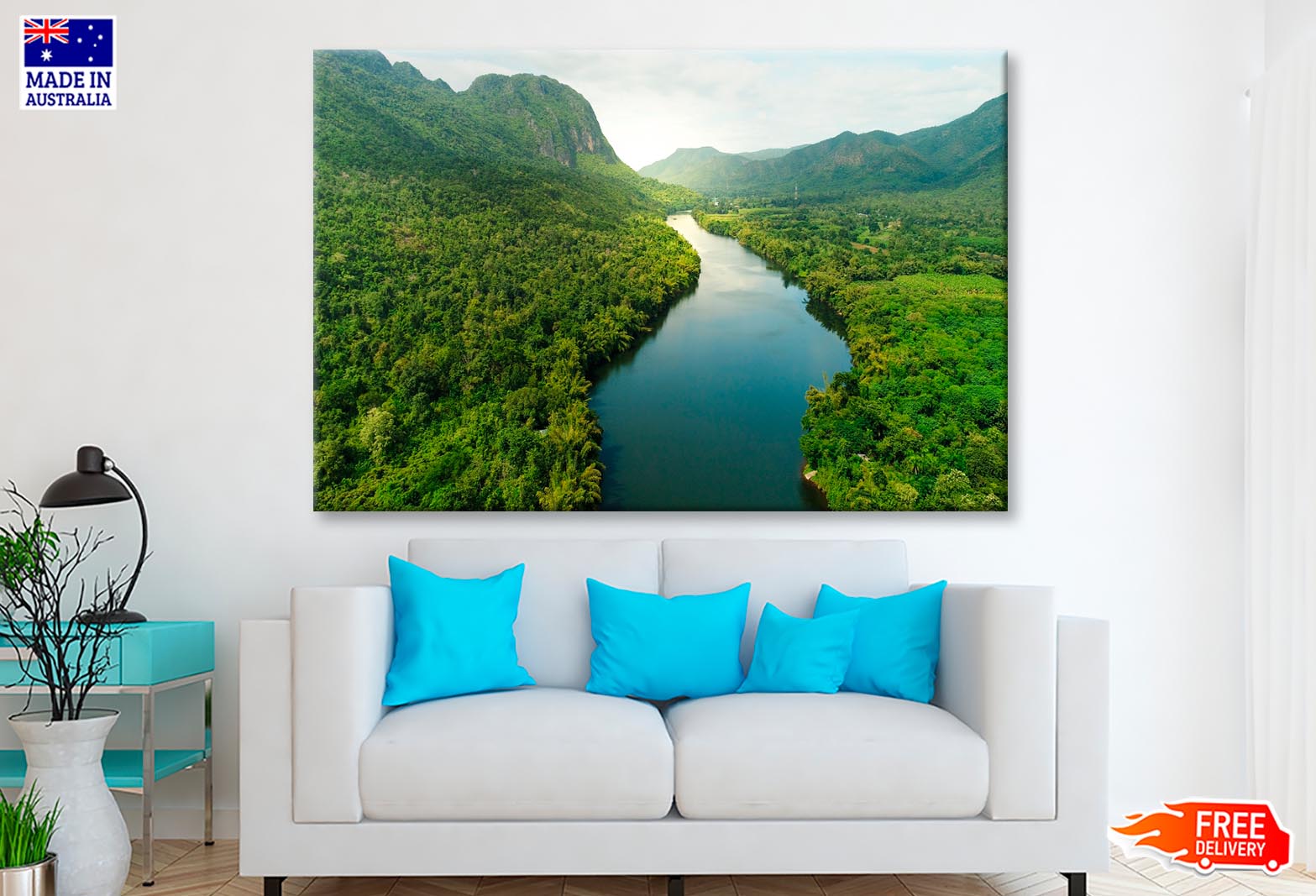 Aerial View Of River in Tropical Green Forest with Mountains in Background Wall Art Decor 100% Australian Made - Bella Home Decor