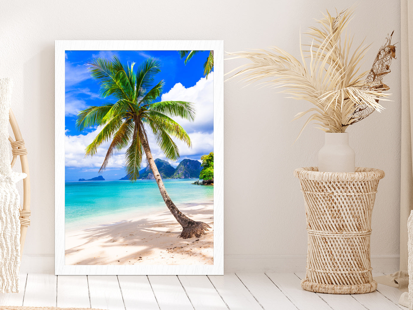 Sandy Beach & Palm Tree with Blue Sky View Glass Framed Wall Art, Ready to Hang Quality Print Without White Border White