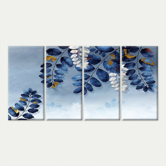 4pcs Modern Indigo Blue Leaves Gold Foil Plant Wall Art Canvas Framed 45x80cm - High Quality Print 100% Australian Made Wall Canvas Ready to Hang