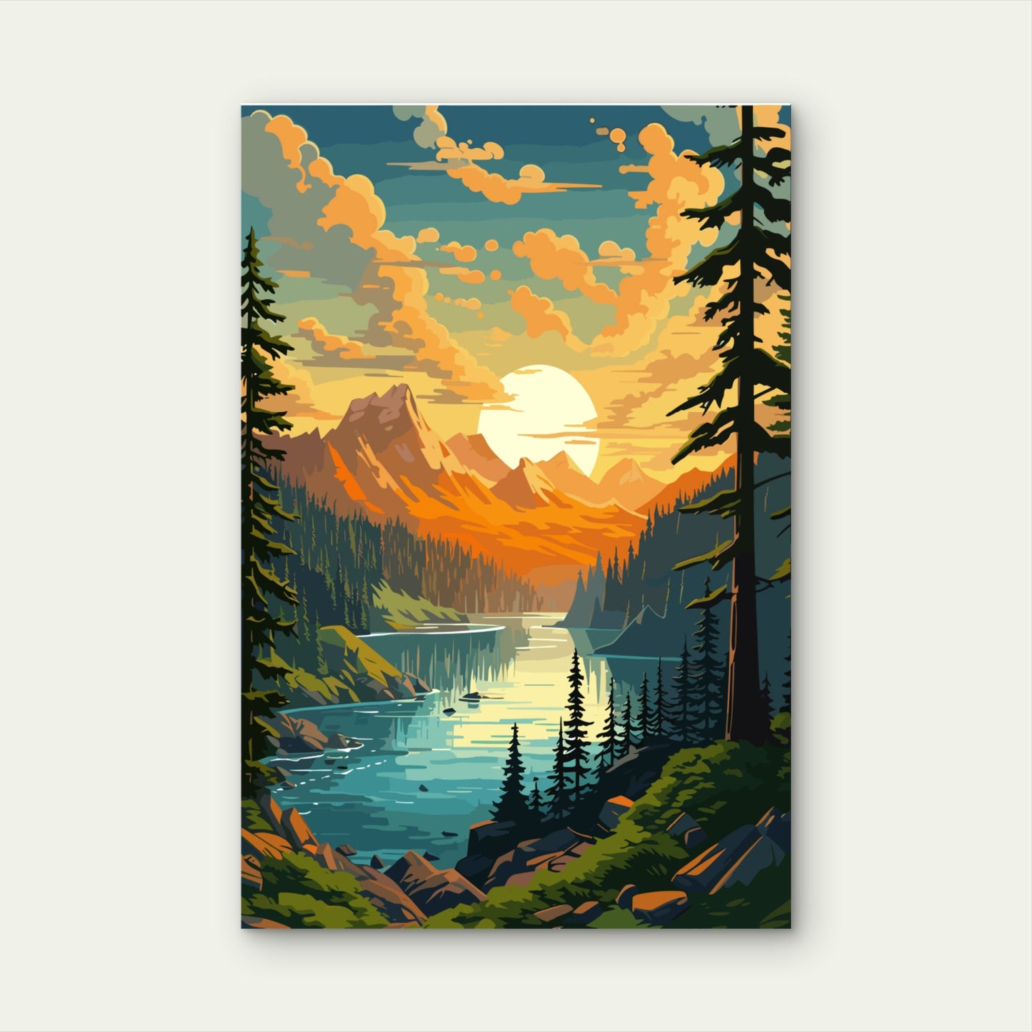 Retro Sunset Mountain Lake Illustration 60x90cm Metal Print Ready to Hang