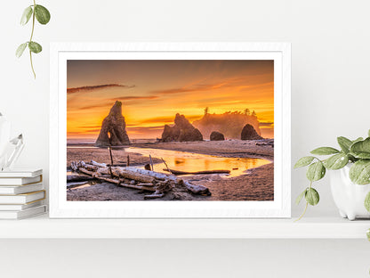 Ruby Beach At Dusk In USA Glass Framed Wall Art, Ready to Hang Quality Print With White Border White