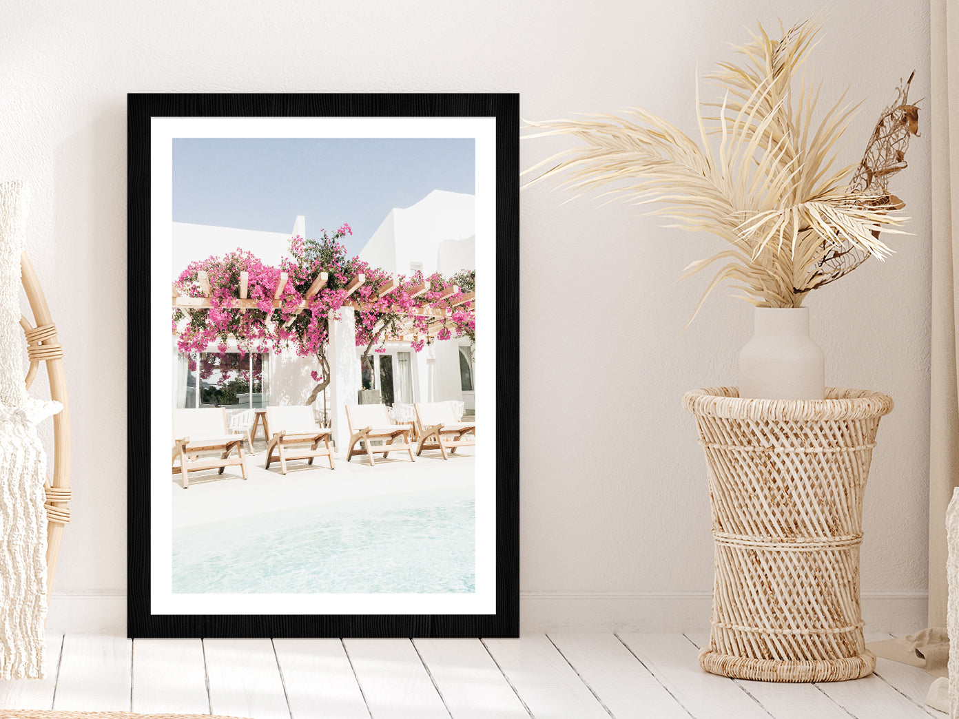 Pink Flowers Tree on House Faded Photograph Glass Framed Wall Art, Ready to Hang Quality Print With White Border Black