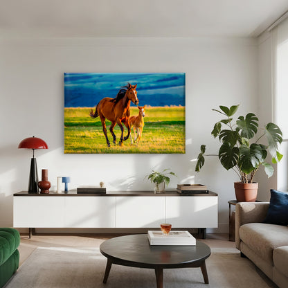 Brown Horse and Foal Running in Field Wall Art Decor 100% Australian Made