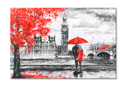 River & Bus On Bridge, Man & Woman Under A Red Umbrella, Street View Of London Oil Painting Wall Art Limited Edition High Quality Print Stretched Canvas None