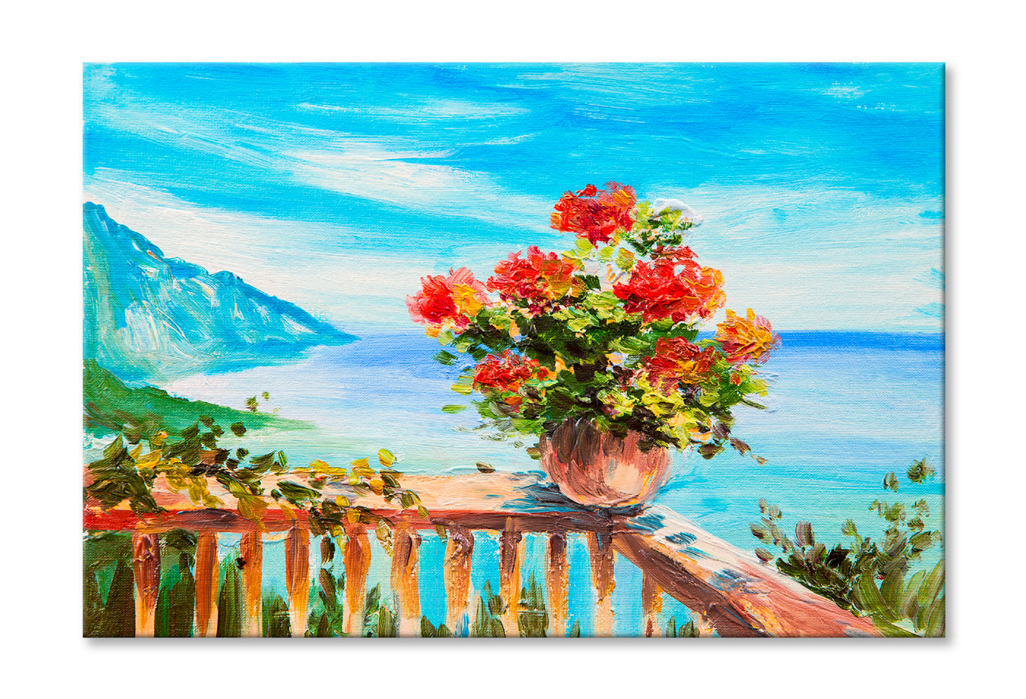 Bouquet Of Flowers & Sea, Coast Near The Mountains Oil Painting Wall Art Limited Edition High Quality Print Stretched Canvas None