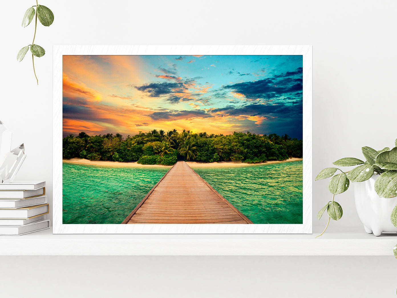 Tropical Island & Blue Orange Sky Glass Framed Wall Art, Ready to Hang Quality Print Without White Border White