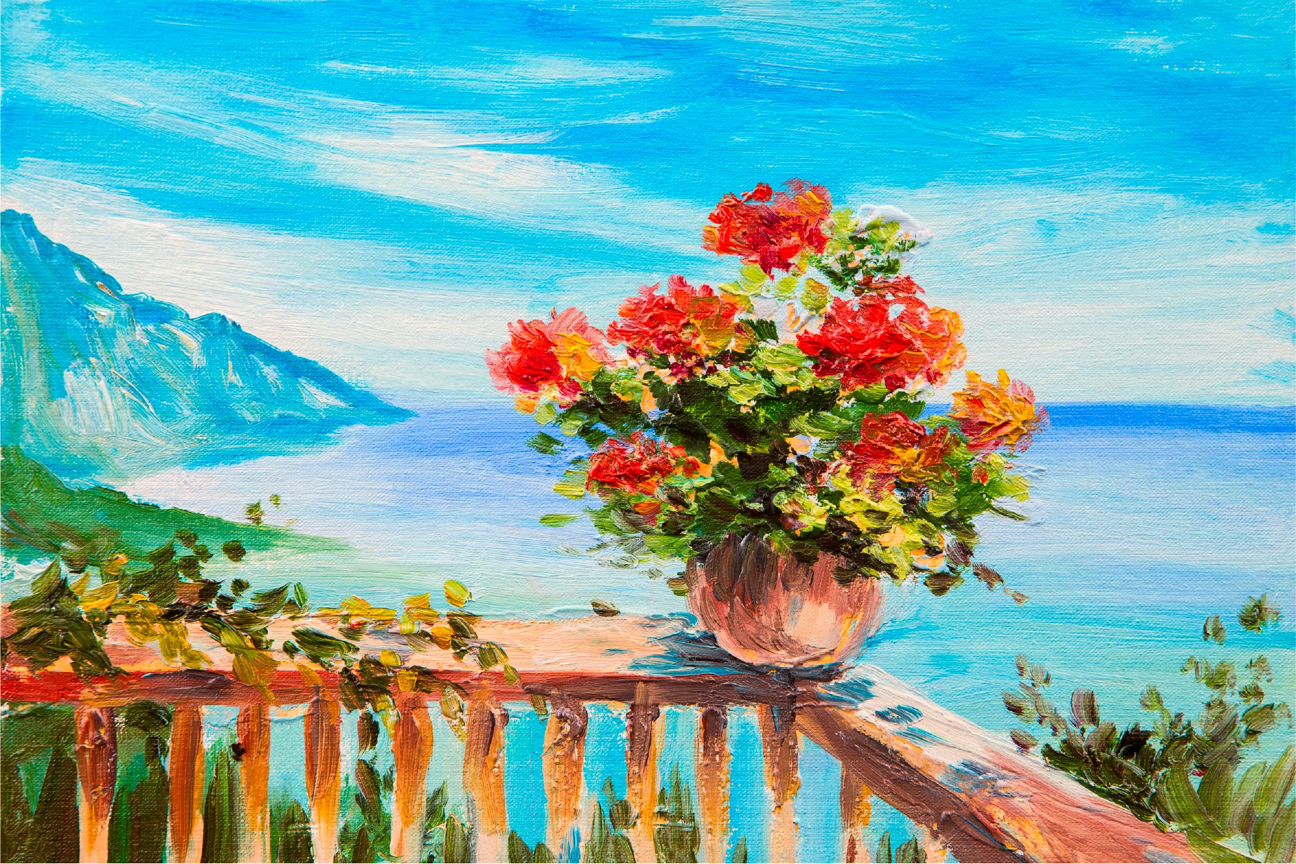 Bouquet Of Flowers & Sea, Coast Near The Mountains Glass Framed Wall Art, Ready to Hang Quality Print